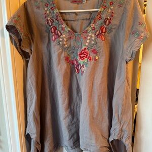 Johnny Was Floral Embroidered Blouse in Gray